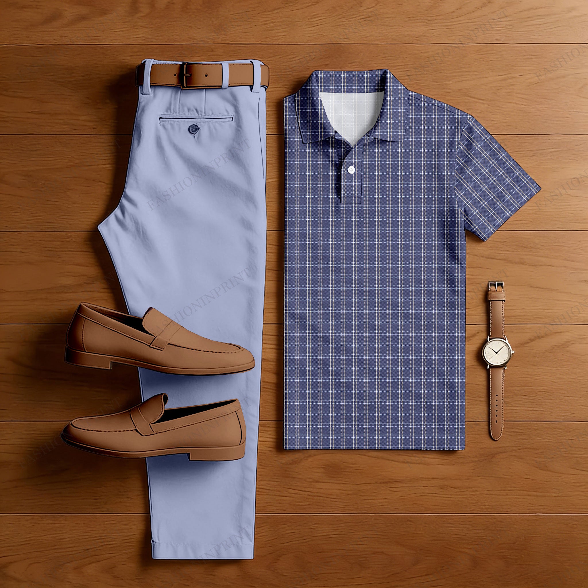 Men's Casual Purple Color Matching Checkered Printed Short Sleeved Polo Shirt & Trousers Two-Piece Set