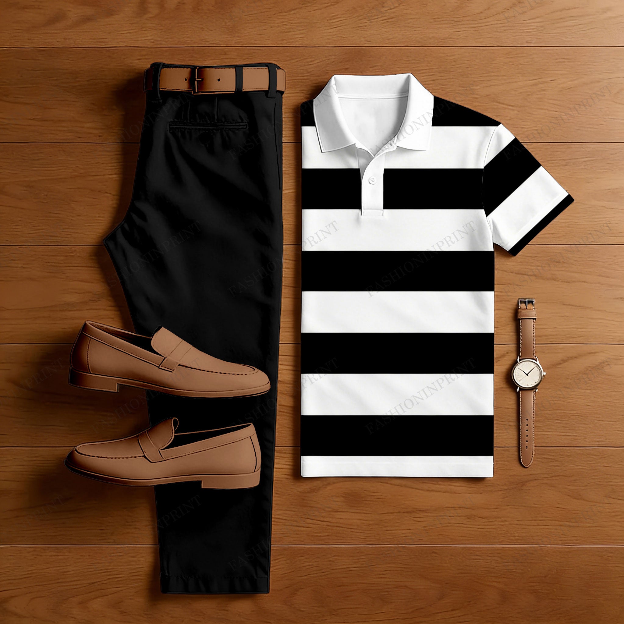 Men's Casual Black & White Stripes Printed Polo Shirt And Pants Two-Piece Set