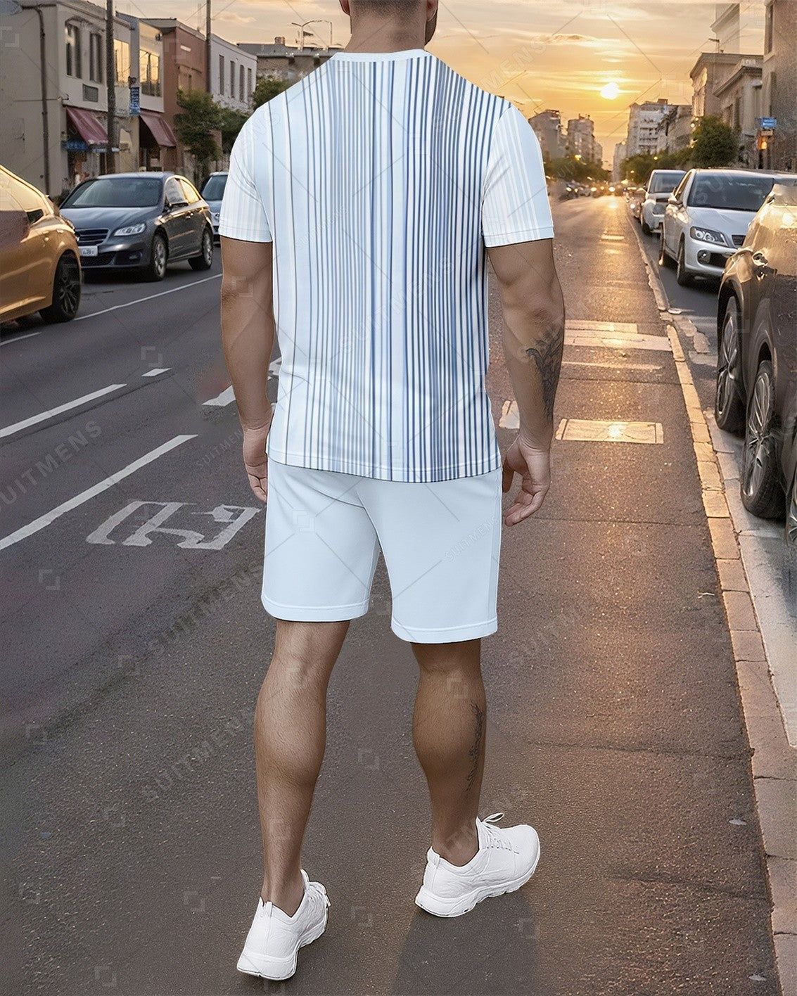 Men's Summer Colorblock Printed Round Neck Set 766