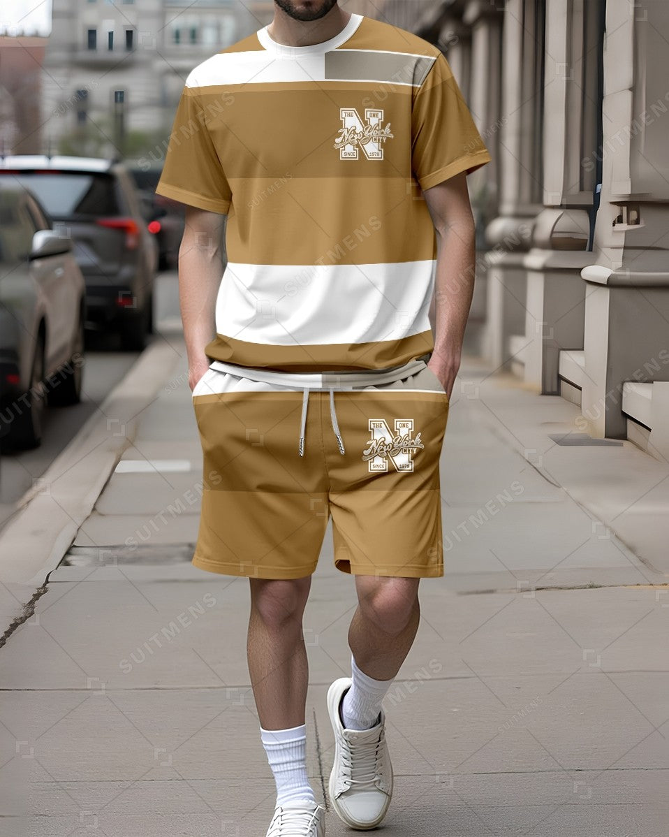 Men's Summer Colorblock Printed Round Neck Set 278