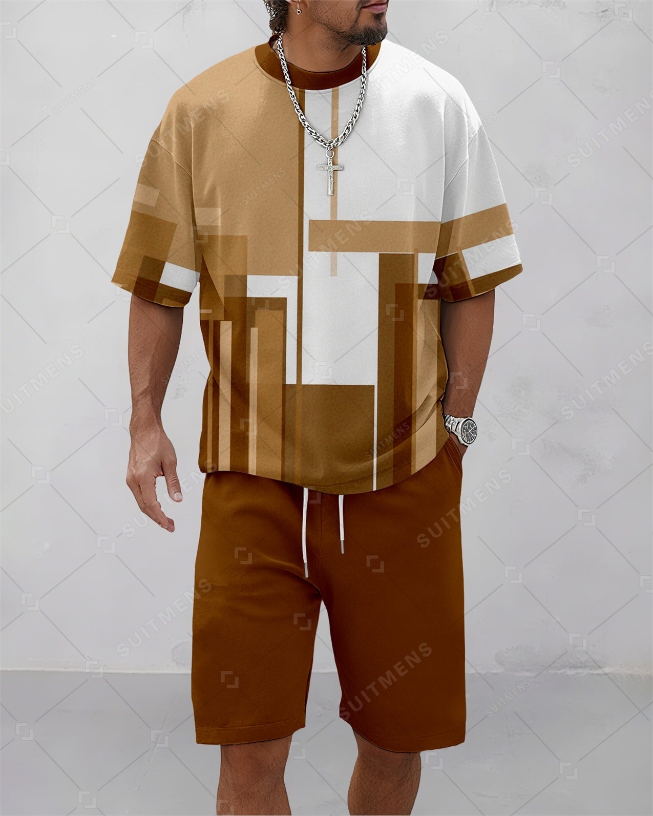 Men's Summer Colorblock Printed Round Neck Suit 085