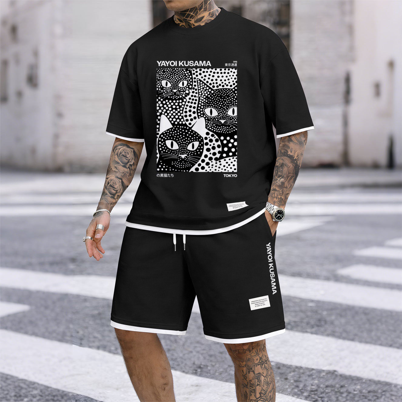Men's Polka-Dot Black Cat Print Waffle Fabric Short-Sleeved Shirt And Shorts Set