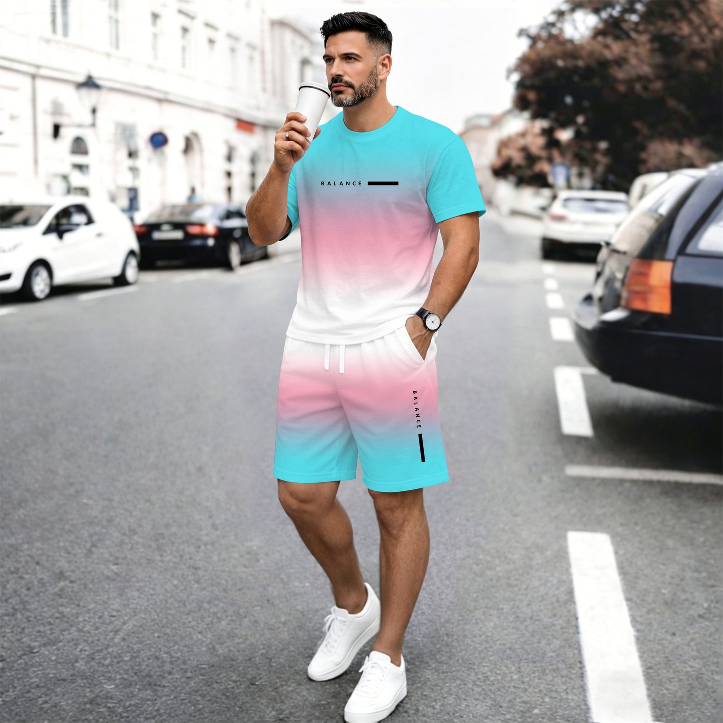 Men’s Summer 2 Piece Set, Gradient Color Short Sleeve T Shirt and Drawstring Shorts Matching Outfit, Lightweight Breathable Casual Set for Beach, Vacation, Gym, Travel, Running, and Daily Wear