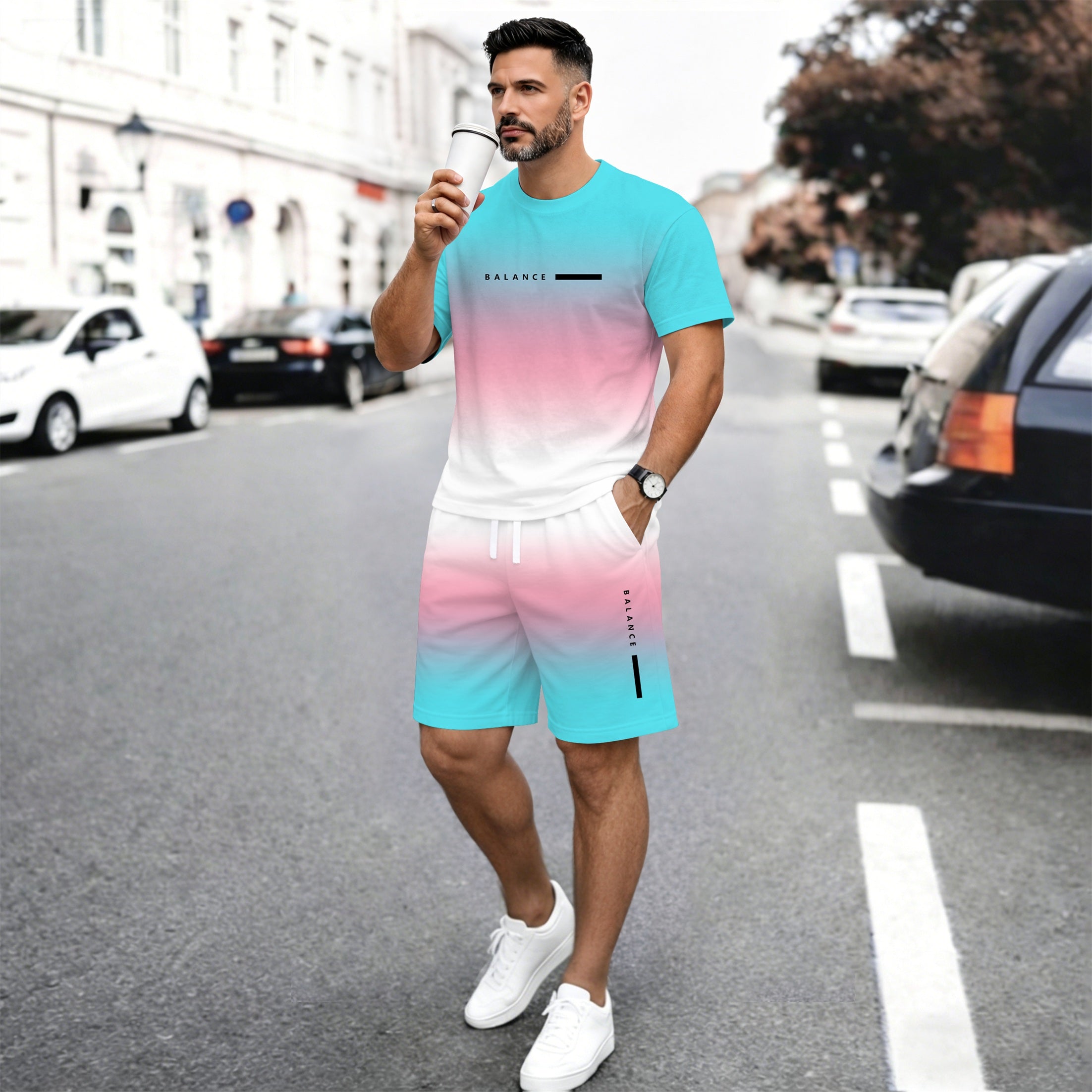 Men’s Summer 2 Piece Set, Gradient Color Short Sleeve T Shirt and Drawstring Shorts Matching Outfit, Lightweight Breathable Casual Set for Beach, Vacation, Gym, Travel, Running, and Daily Wear