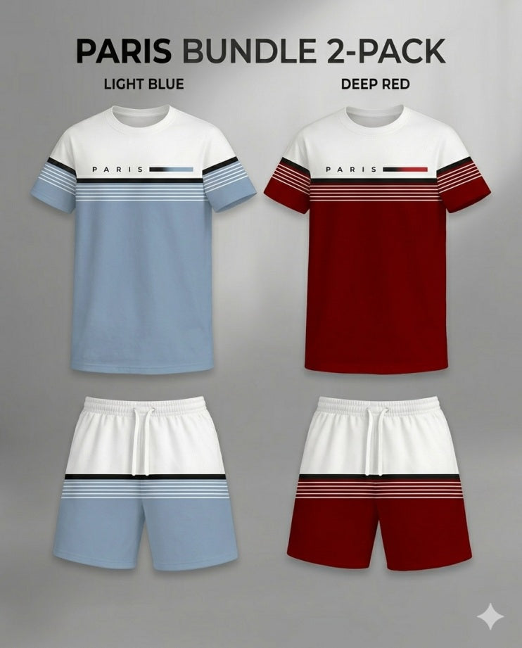 Men’s Summer 2 Pack T Shirt and Shorts Sets, Paris Stripe Graphic Short Sleeve Tops with Drawstring Shorts, Soft Breathable Matching Outfits for Beach, Outdoor Activities, Vacation, Streetwear, and Everyday Style