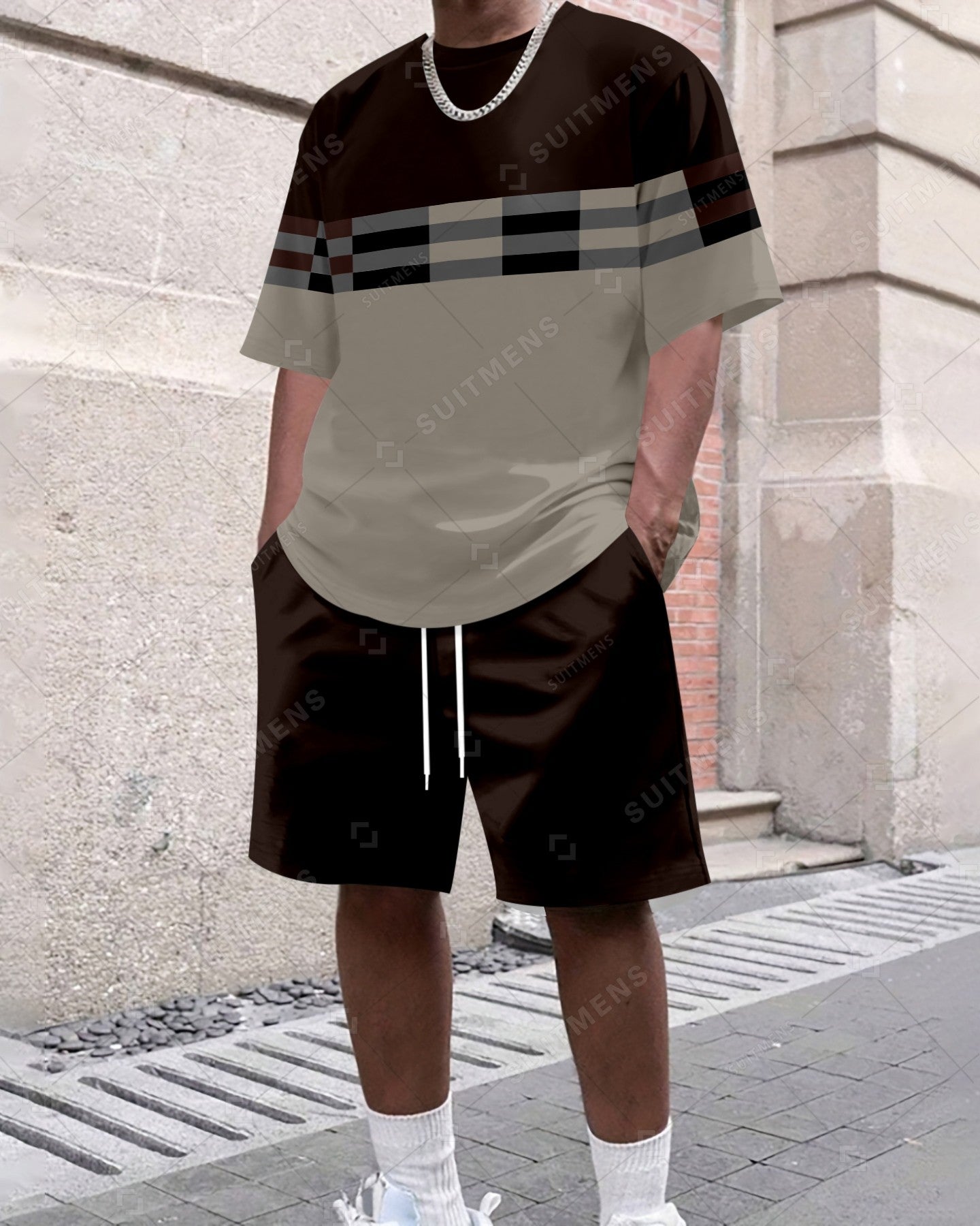 Men's Summer Colorblock Printed Round Neck Set 419