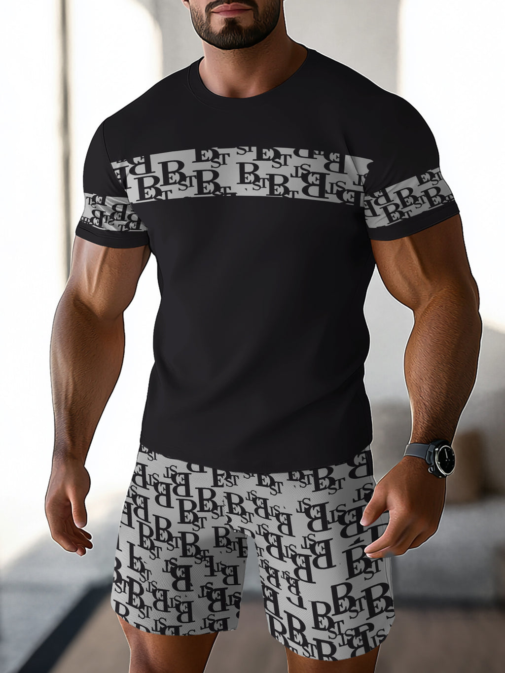 Men's Colorblock Summer Round Neck Set 123