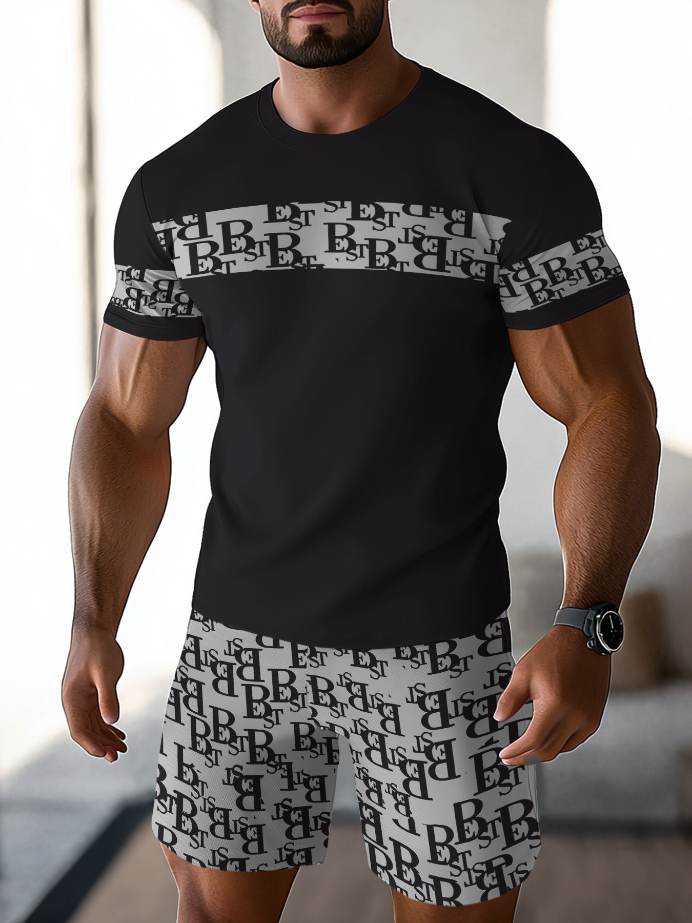 Men's Colorblock Summer Round Neck Set 123