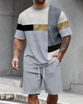 Men's Summer Colorblock Printed Round Neck Set 490
