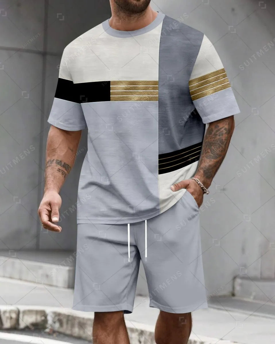 Men's Summer Colorblock Printed Round Neck Set 490