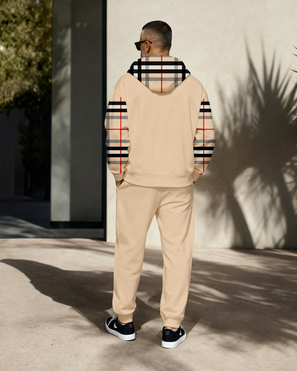 Men's Retro Luxury Thickened Fleece Colorblock Jacket Sports Hoodie Set 01
