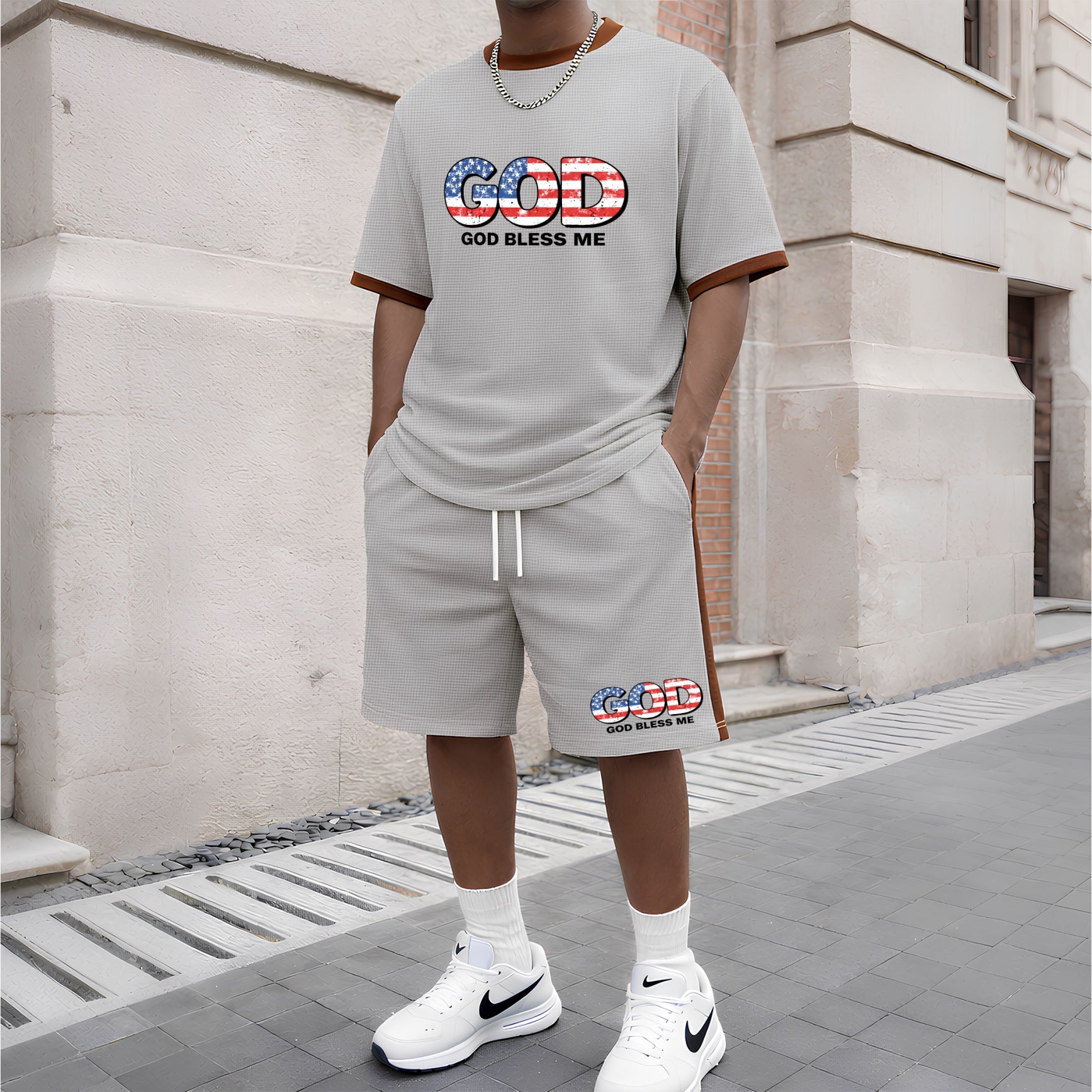 Men's God Graphic Short-Sleeved T-Shirt And Drawstring Shorts Set, Men's Clothing, Casual Sports Short-Sleeved Top And Shorts, Men's Summer Everyday Wear, Indoor And Outdoor Sportswear, Sports Set.