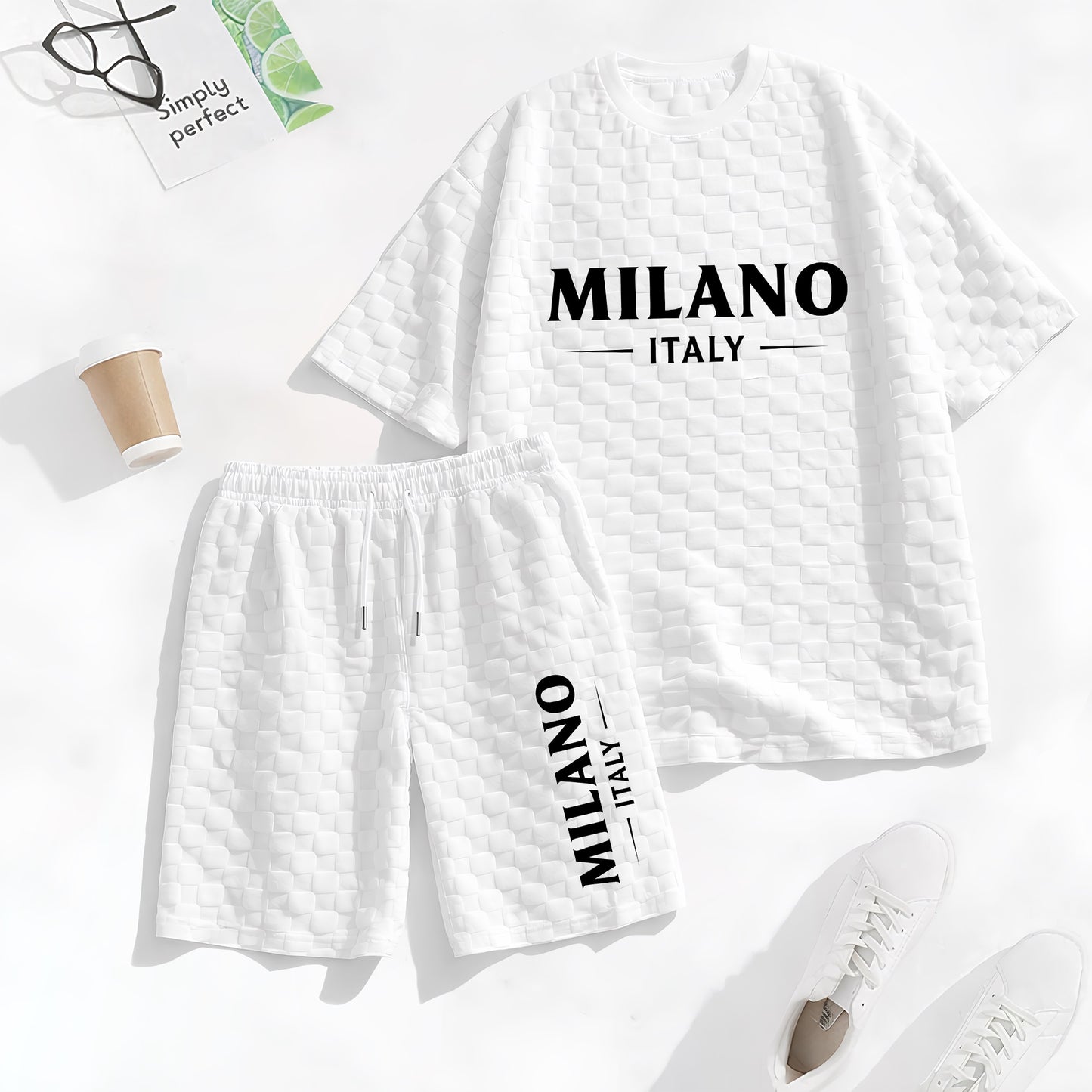 Men's Spring and Summer Milan Letter Print Checkered Fabric Drawstring Shorts Set, Casual Summer Outfit with Short-Sleeved Shirt and Shorts, Ideal for Everyday Wear and Sports Activities.