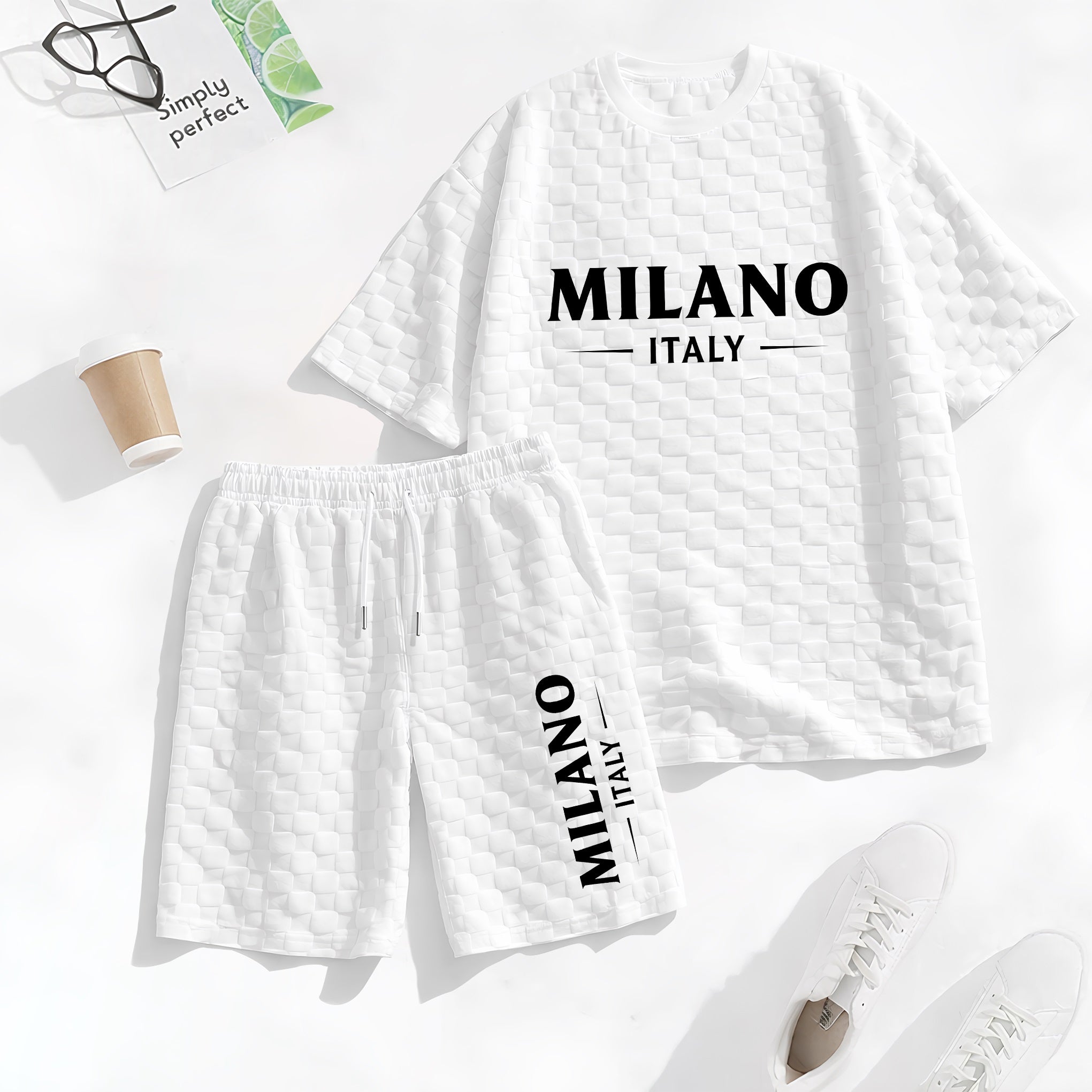 Men's Spring and Summer Milan Letter Print Checkered Fabric Drawstring Shorts Set, Casual Summer Outfit with Short-Sleeved Shirt and Shorts, Ideal for Everyday Wear and Sports Activities.