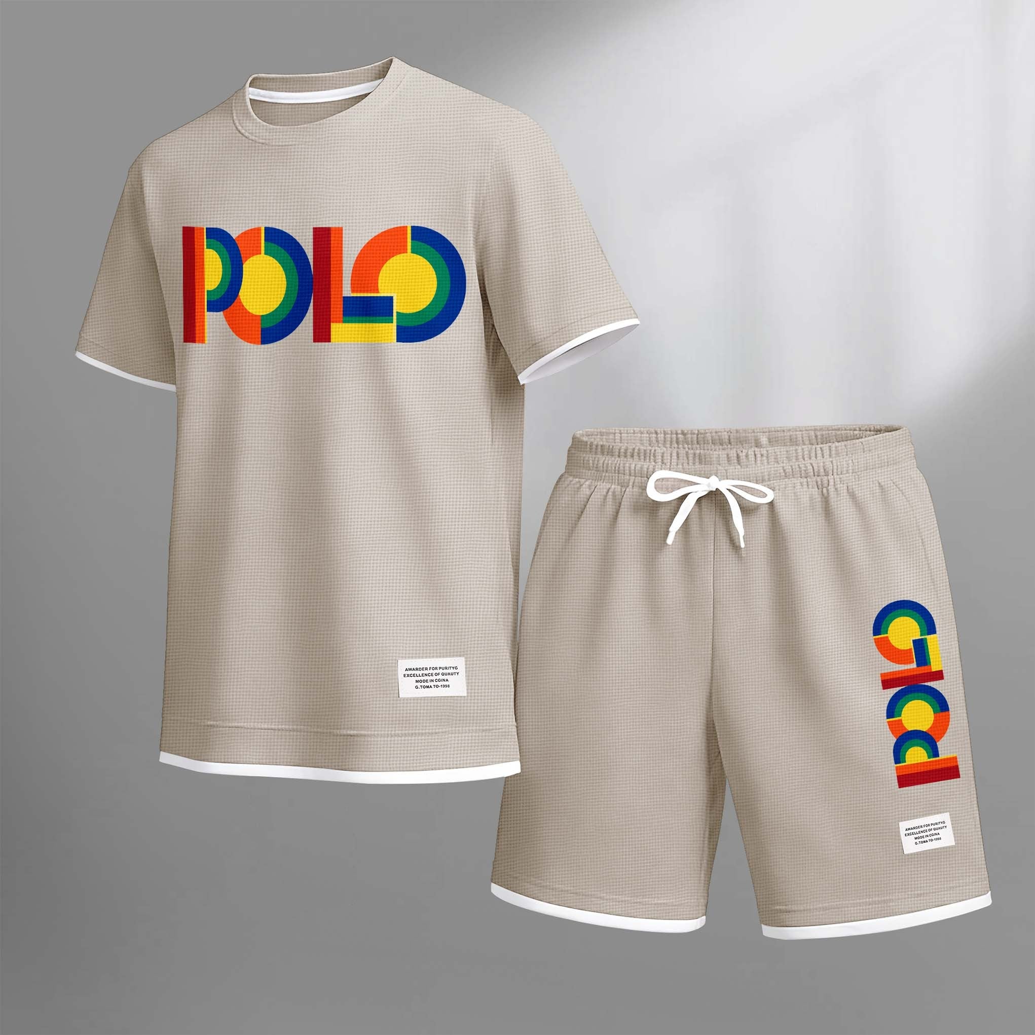 Men's Polo Print Drawstring Shorts Set For Spring/Summer. A Casual Summer Outfit, Including A Short-Sleeved Shirt And Shorts, Suitable For Everyday Wear And Sports. A Two-Piece Set For A Relaxed And Energetic Lifestyle.