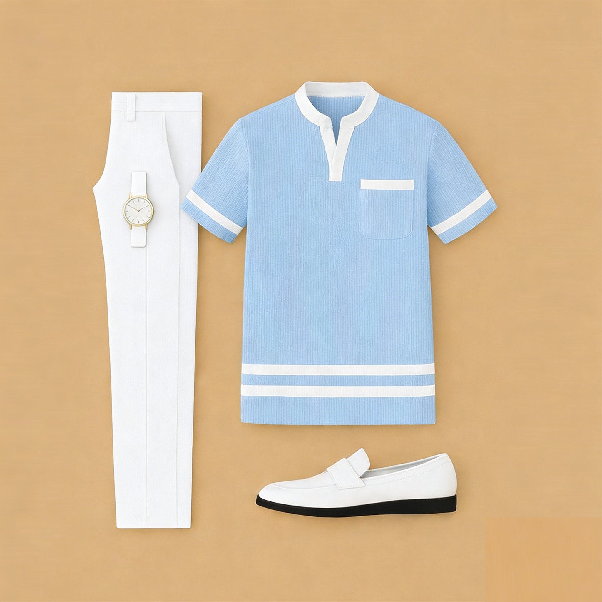 Men's Casual Blue Color Matching Printed Short Sleeved Henry Collar T-Shirt & White Trousers Two-Piece Set
