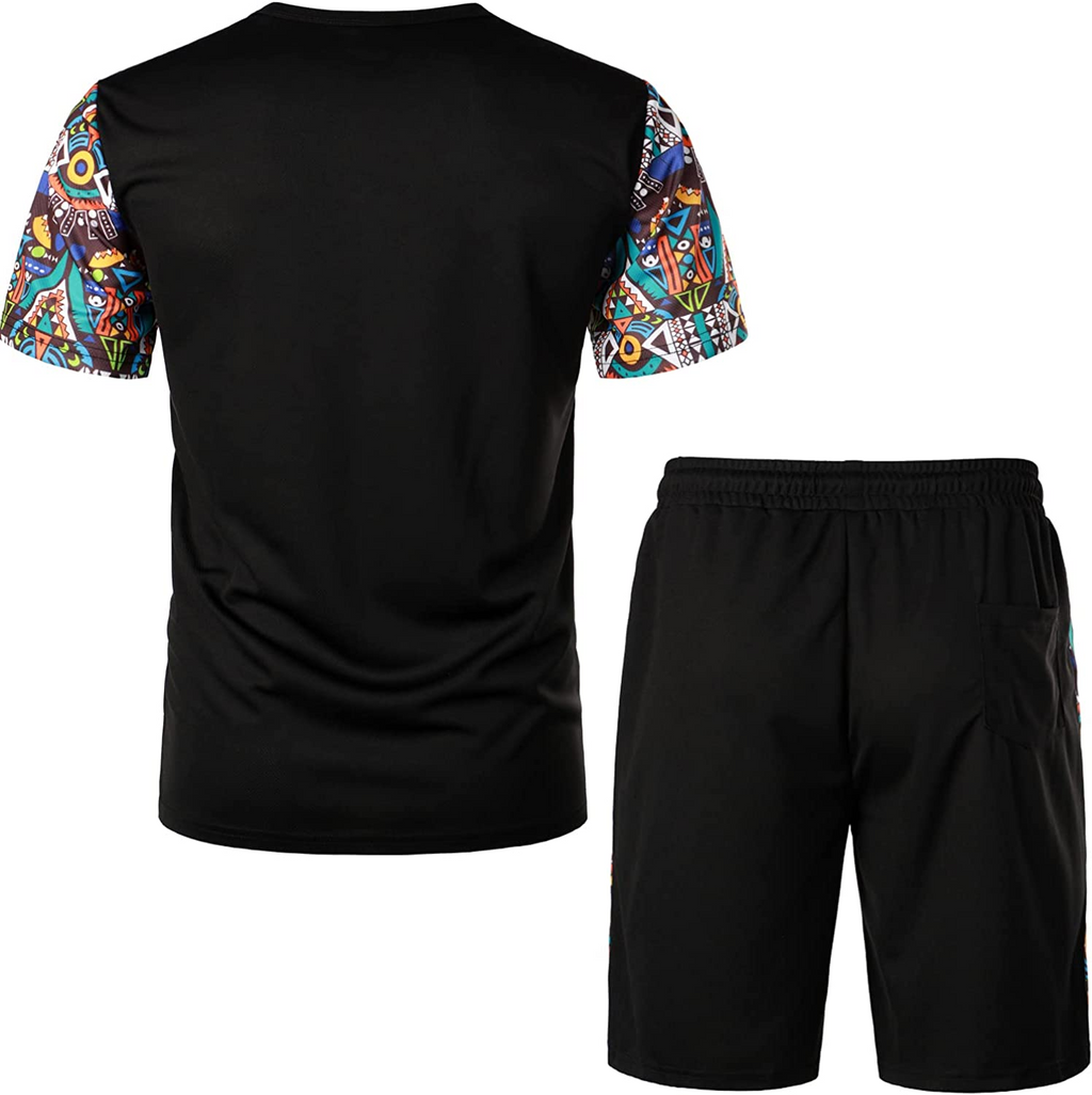 Men's Printed Colorblock T-Shirt and Shorts Set 012