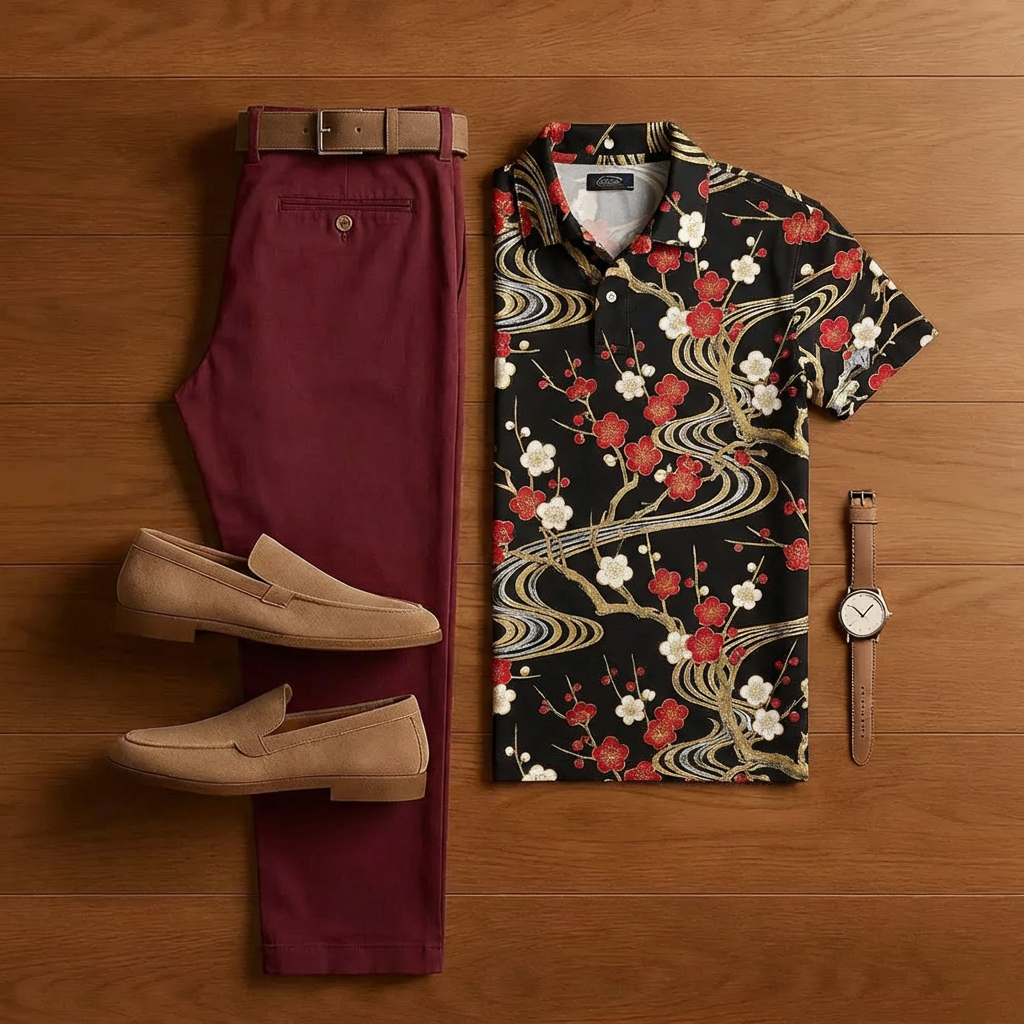 Men's Retro Black Printed Short-Sleeve Shirt And Trousers Two-Piece Set