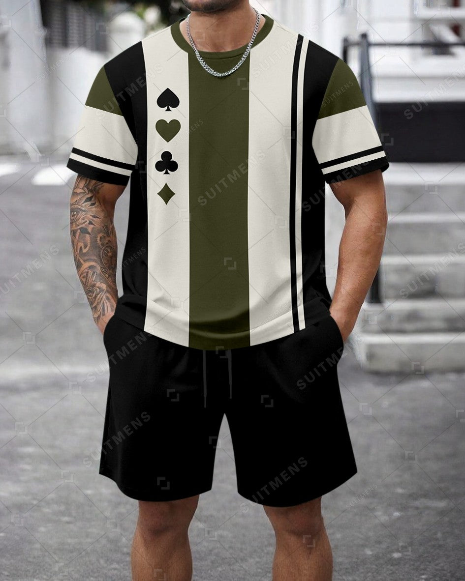 Men's Summer Colorblock Printed Round Neck Set 475