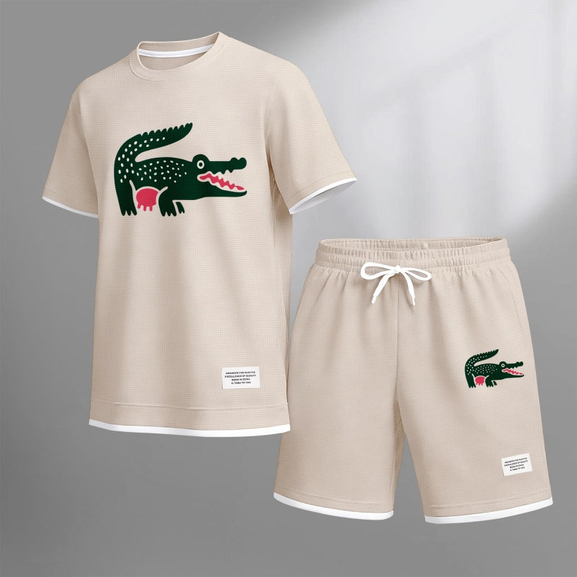 Men's Funny Crocodile Print Waffle Fabric Short-Sleeved Shirt And Shorts Set