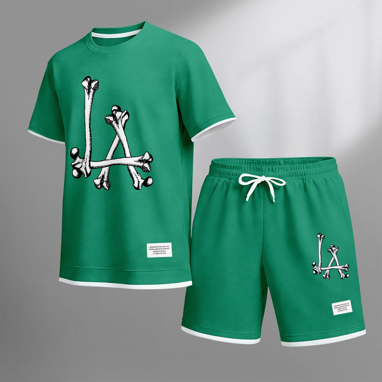 Men's Streetwear Skeleton Print Waffle Fabric Short-Sleeved Shirt And Shorts Set