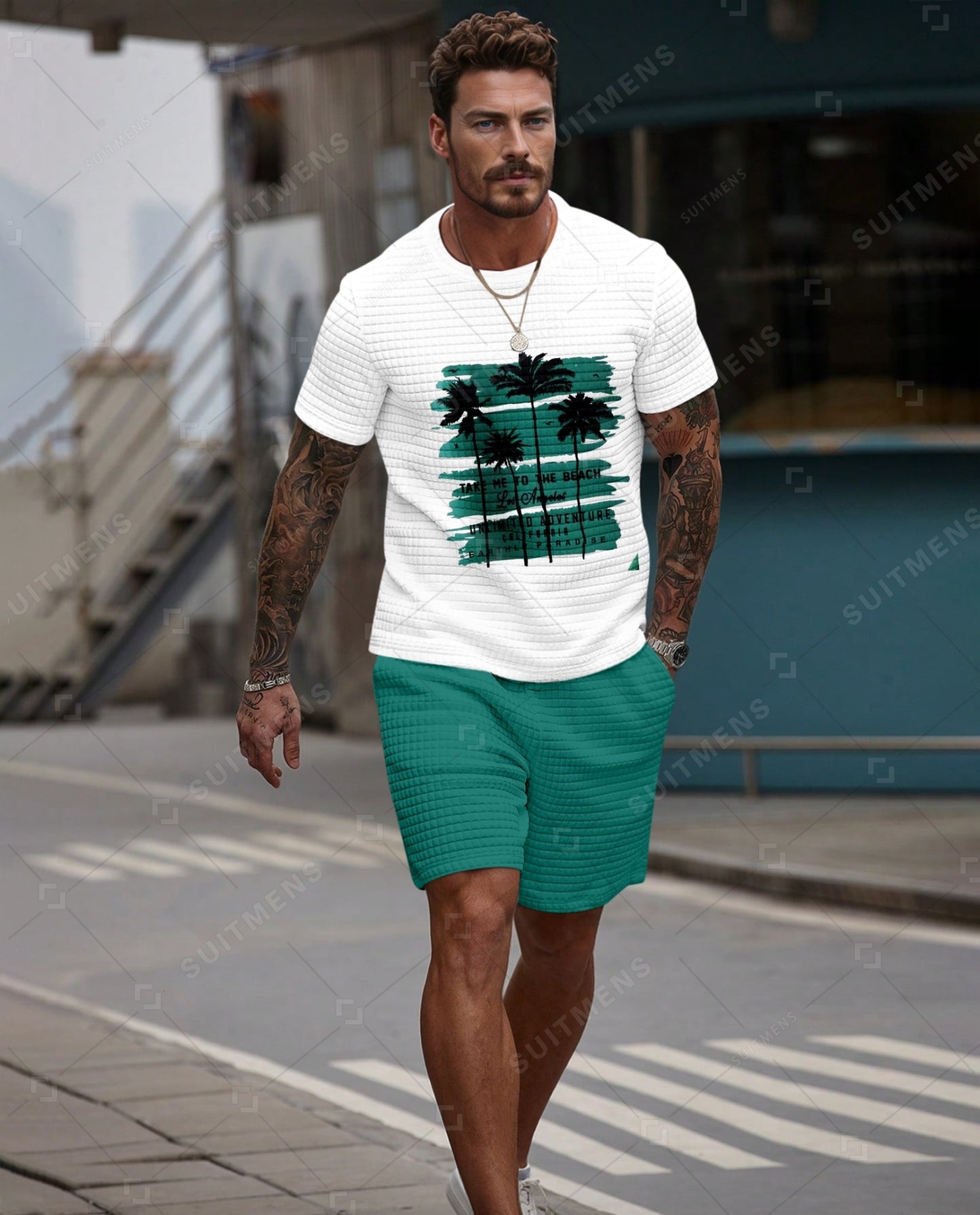 Men's Casual Waffle Textured Summer Round Neck Short Sleeve Shorts Set 0013