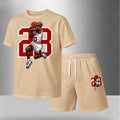 Men’s Summer 2 Piece Set, Basketball 23 Letter Print Short Sleeve T Shirt and Drawstring Shorts Matching Outfit, Lightweight Breathable Casual Set for Travel, Streetwear, Beach, Vacation, and Daily Wear