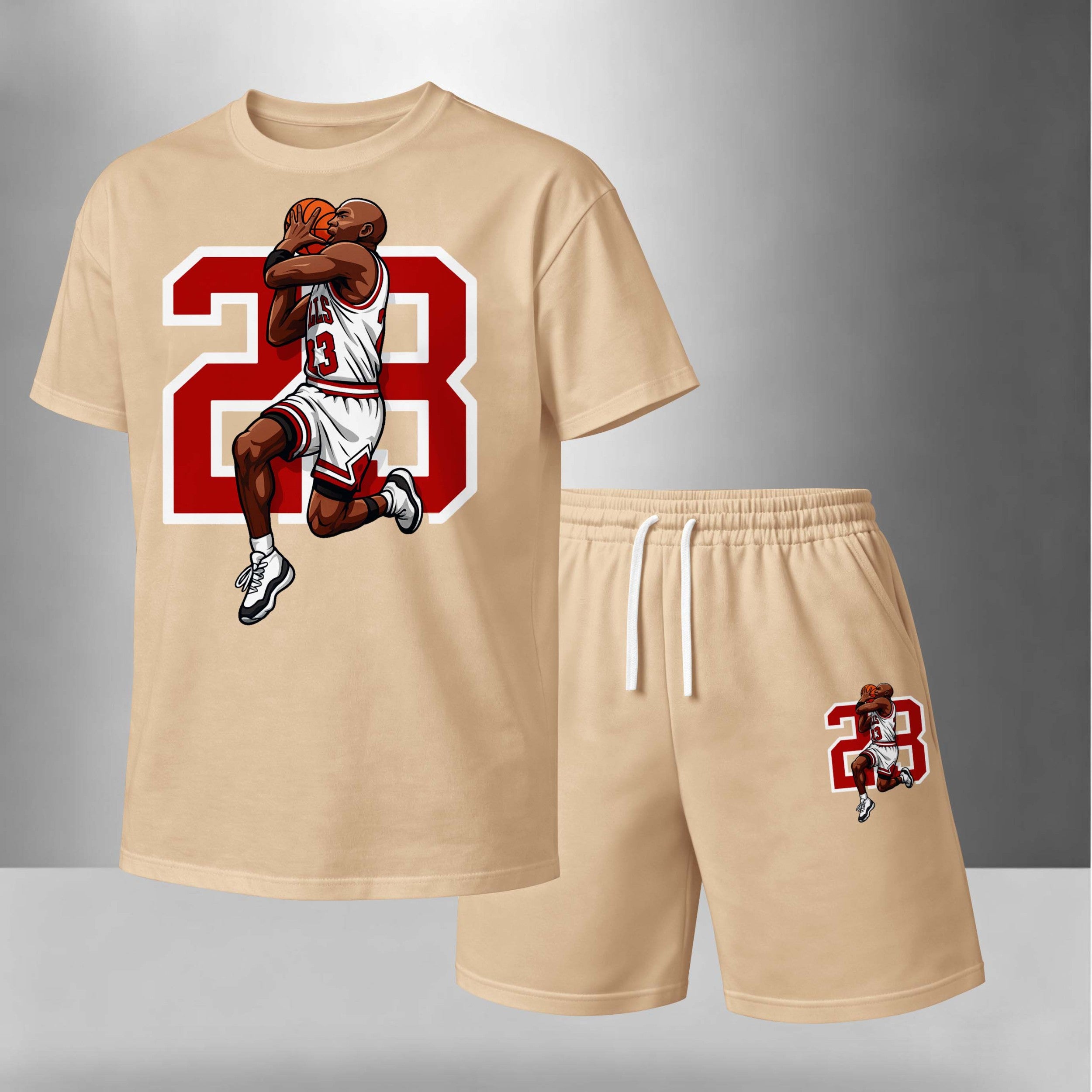 Men’s Summer 2 Piece Set, Basketball 23 Letter Print Short Sleeve T Shirt and Drawstring Shorts Matching Outfit, Lightweight Breathable Casual Set for Travel, Streetwear, Beach, Vacation, and Daily Wear