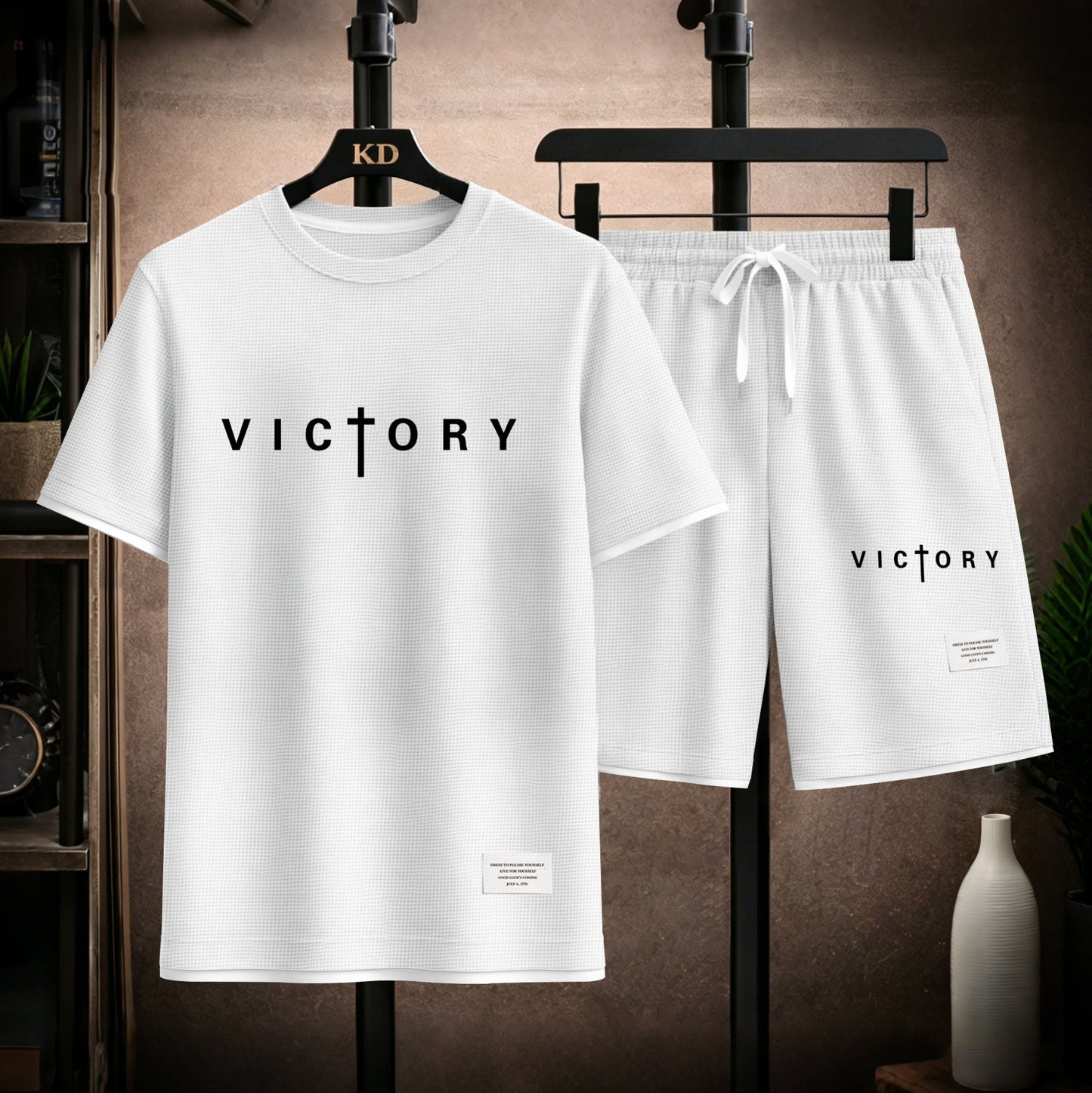 Men's “Victory” Graphic Print Short Sleeve Shirt and Drawstring Shorts Set, Casual Summer Two-Piece Outfit, Lightweight Breathable Relaxed Fit Athletic Set for Daily Wear, Beach, Vacation, Travel & Loungewear