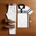 Men's Casual White Printed Polo Shirt And Pants Two-Piece Set