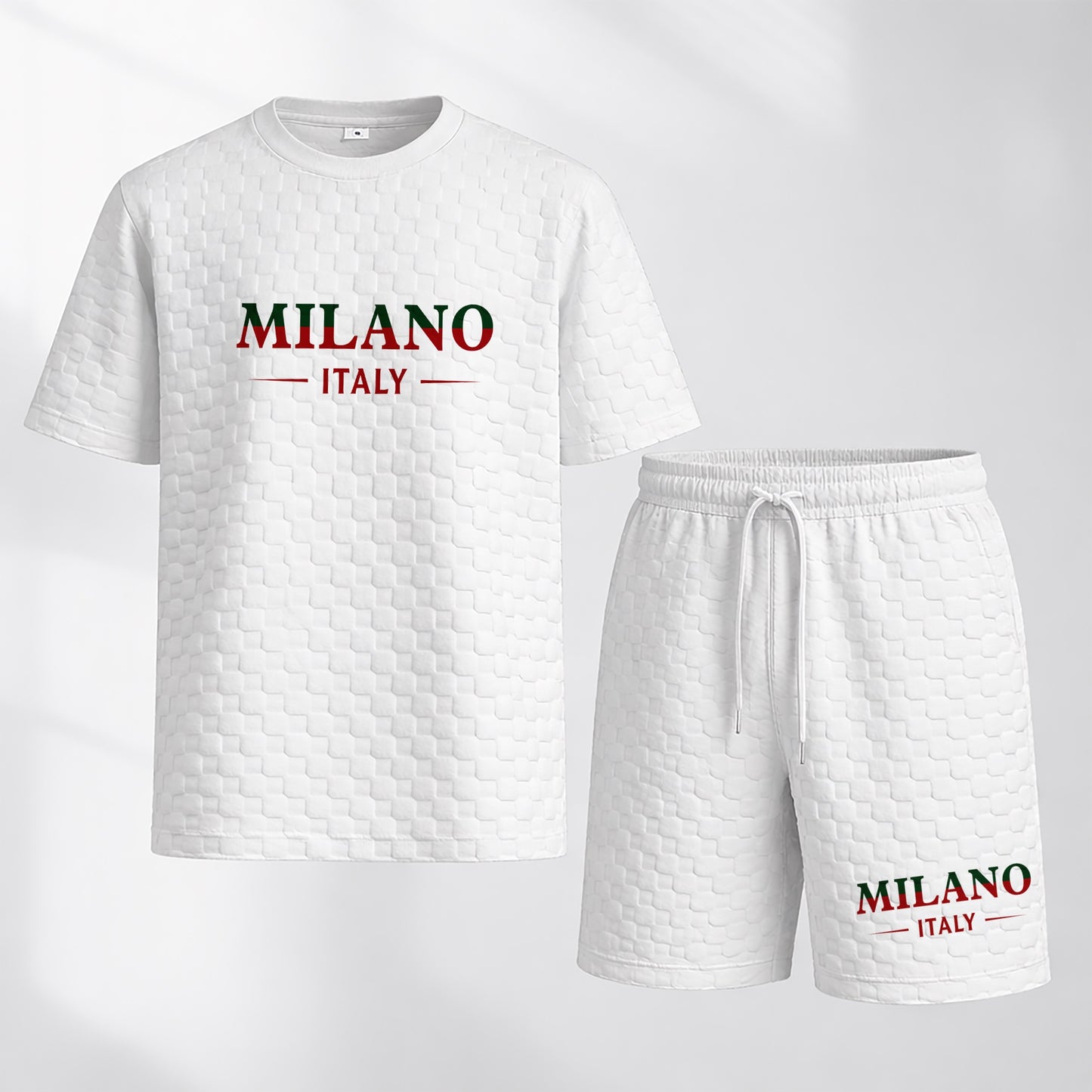 Men's Spring and Summer Milan Letter Print Checkered Fabric Drawstring Shorts Set, Casual Summer Outfit with Short-Sleeved Shirt and Shorts, Ideal for Everyday Wear and Sports Activities