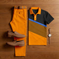 Men's Casual Orange & Black Geometry Printed Polo Shirt And Pants Two-Piece Set