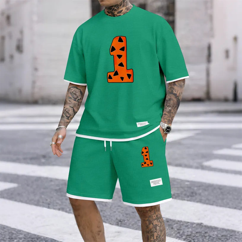 Men's Casual Style Number “1” Print Waffle Fabric Short-Sleeved Shirt And Shorts Set