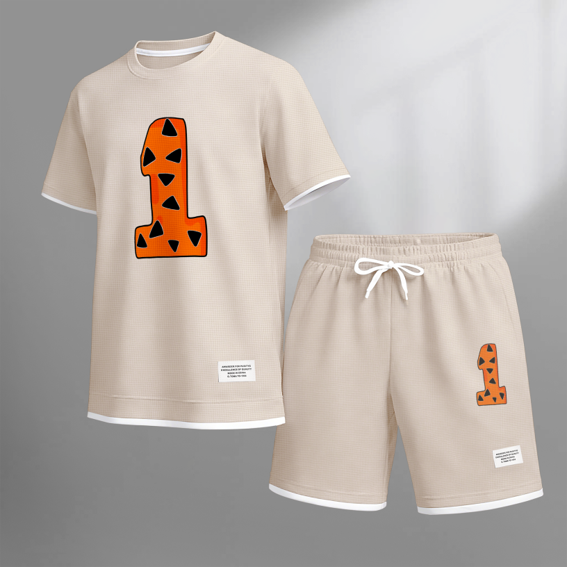 Men's Casual Style Number “1” Print Waffle Fabric Short-Sleeved Shirt And Shorts Set