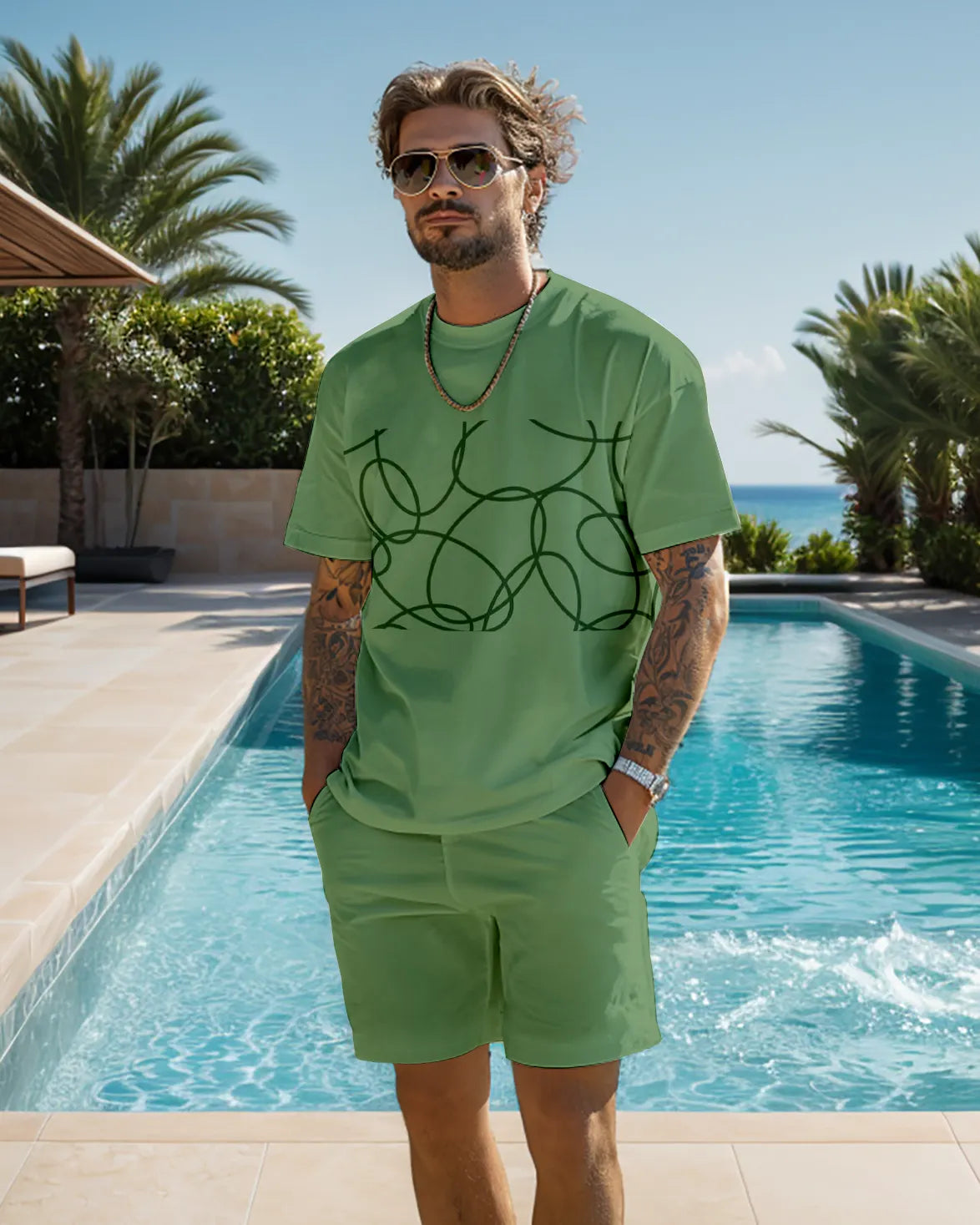 Men's color block printed shorts set 473