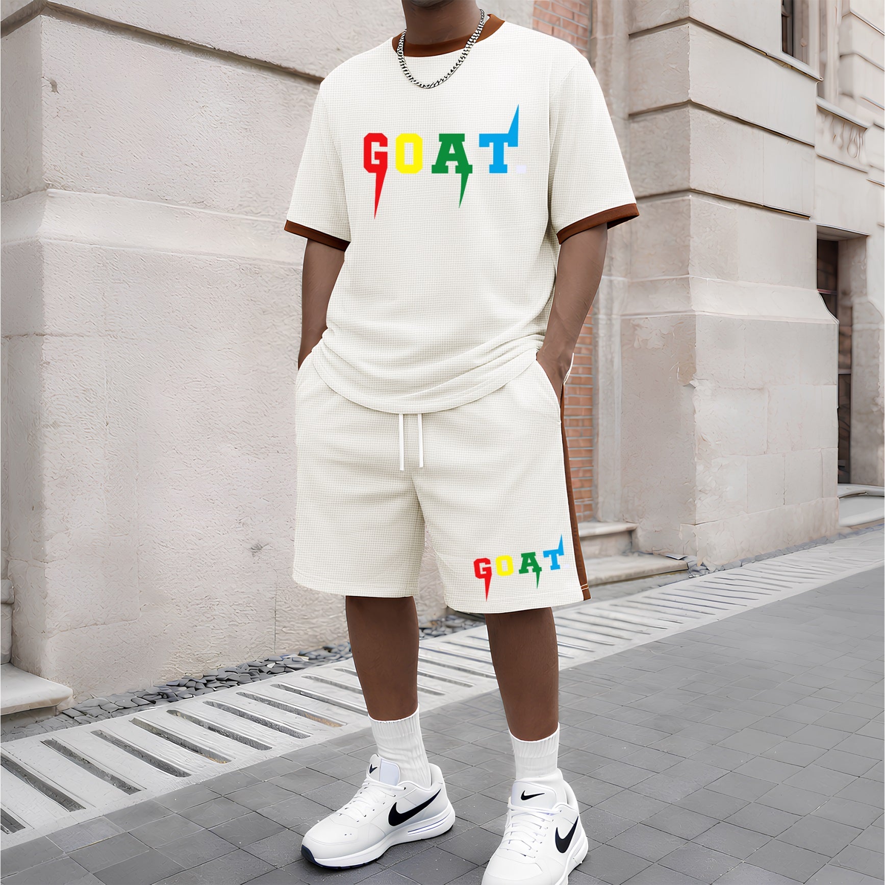 Men's Goat Pattern Short-Sleeved T-Shirt And Drawstring Shorts Set, Men's Clothing, Casual Sports Short-Sleeved Top And Shorts, Summer Men's Everyday Wear, Indoor And Outdoor Sportswear, Sports Set.