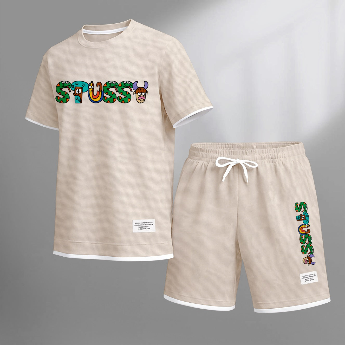 Men's Y2K Cartoon Print Waffle Fabric Short-Sleeved Shirt And Shorts Set