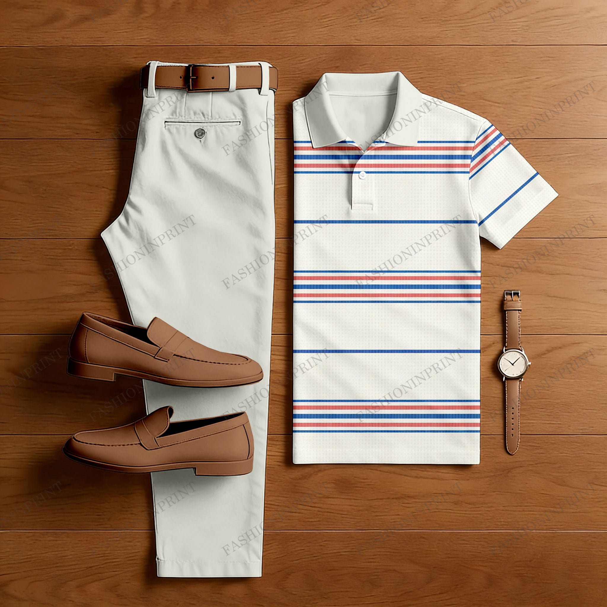 Men's Casual Beige Color Matching Striped Printed Short Sleeved Polo Shirt & Trousers Two-Piece Set