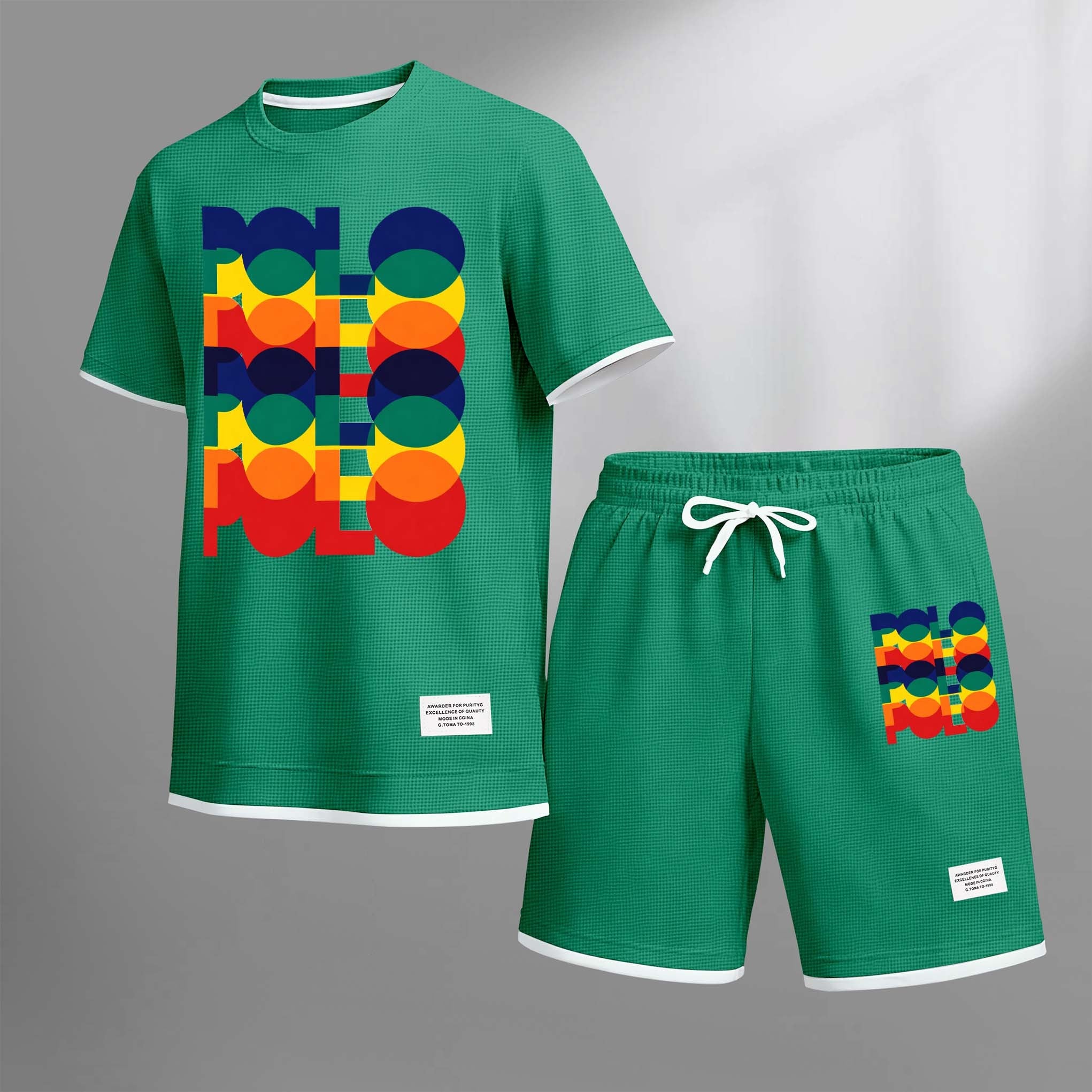 Men's Polo Print Drawstring Shorts Set For Spring/Summer. A Casual Summer Outfit, Including A Short-Sleeved Shirt And Shorts, Suitable For Everyday Wear And Sports. A Two-Piece Set For A Relaxed And Energetic Lifestyle.