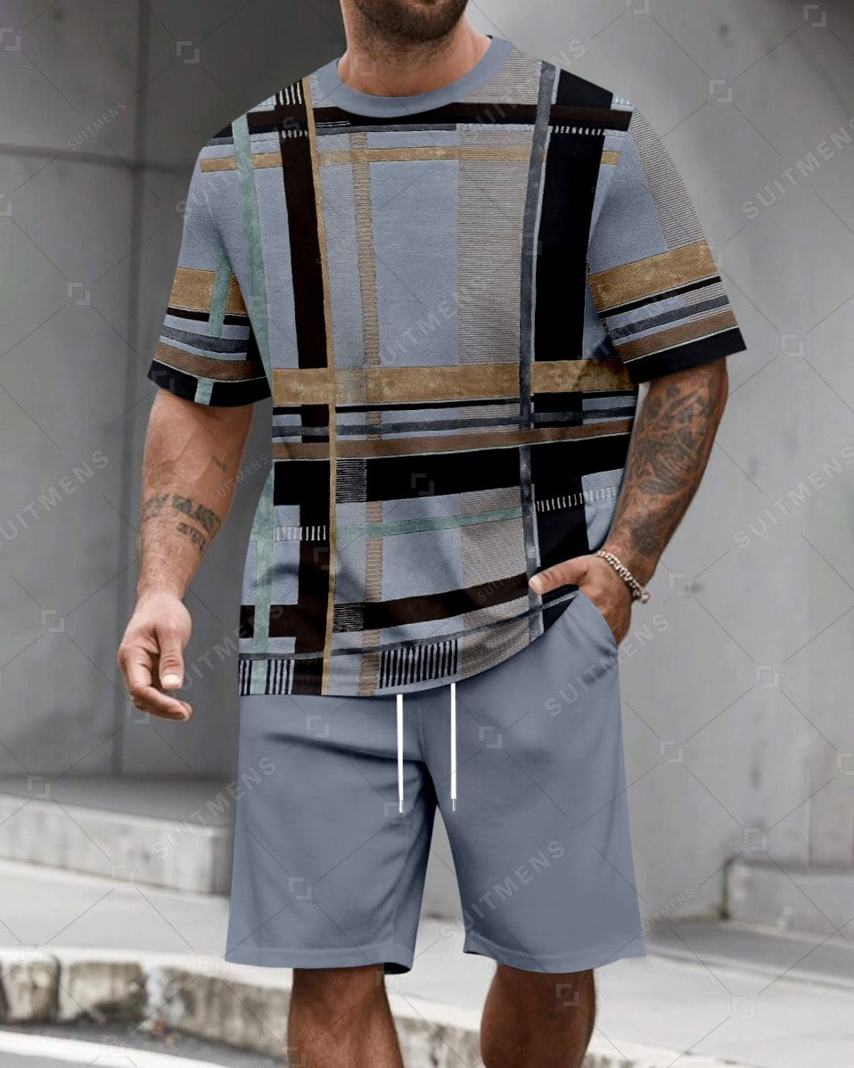 Men's Summer Colorblock Printed Round Neck Set 294