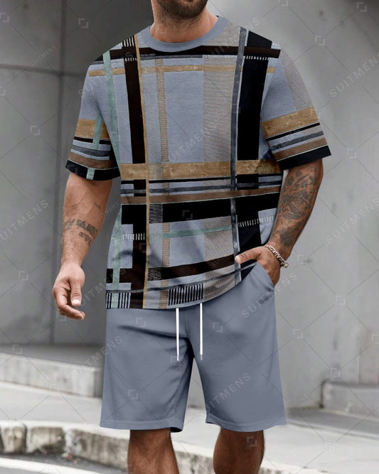 Men's Summer Colorblock Printed Round Neck Set 294