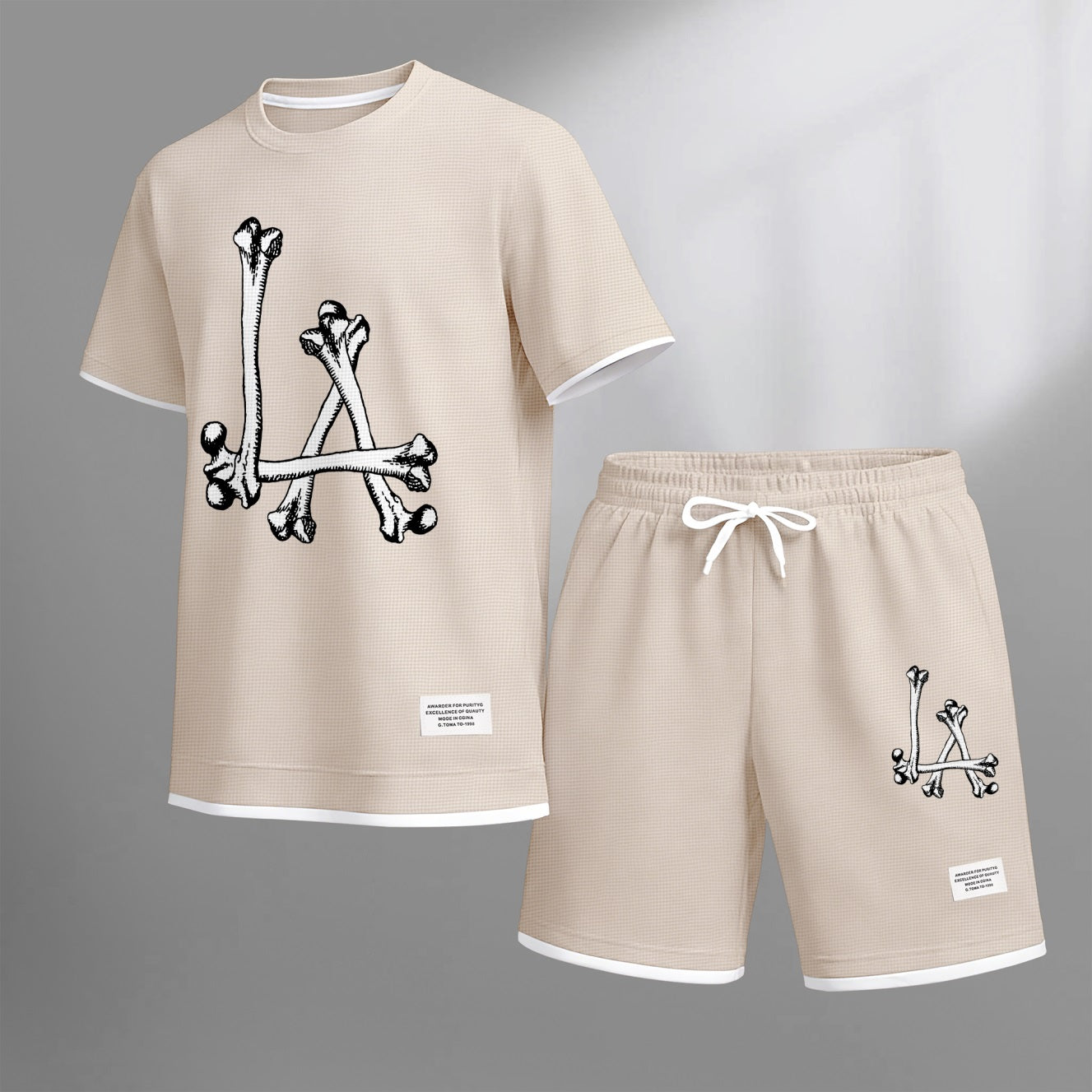 Men's Streetwear Skeleton Print Waffle Fabric Short-Sleeved Shirt And Shorts Set