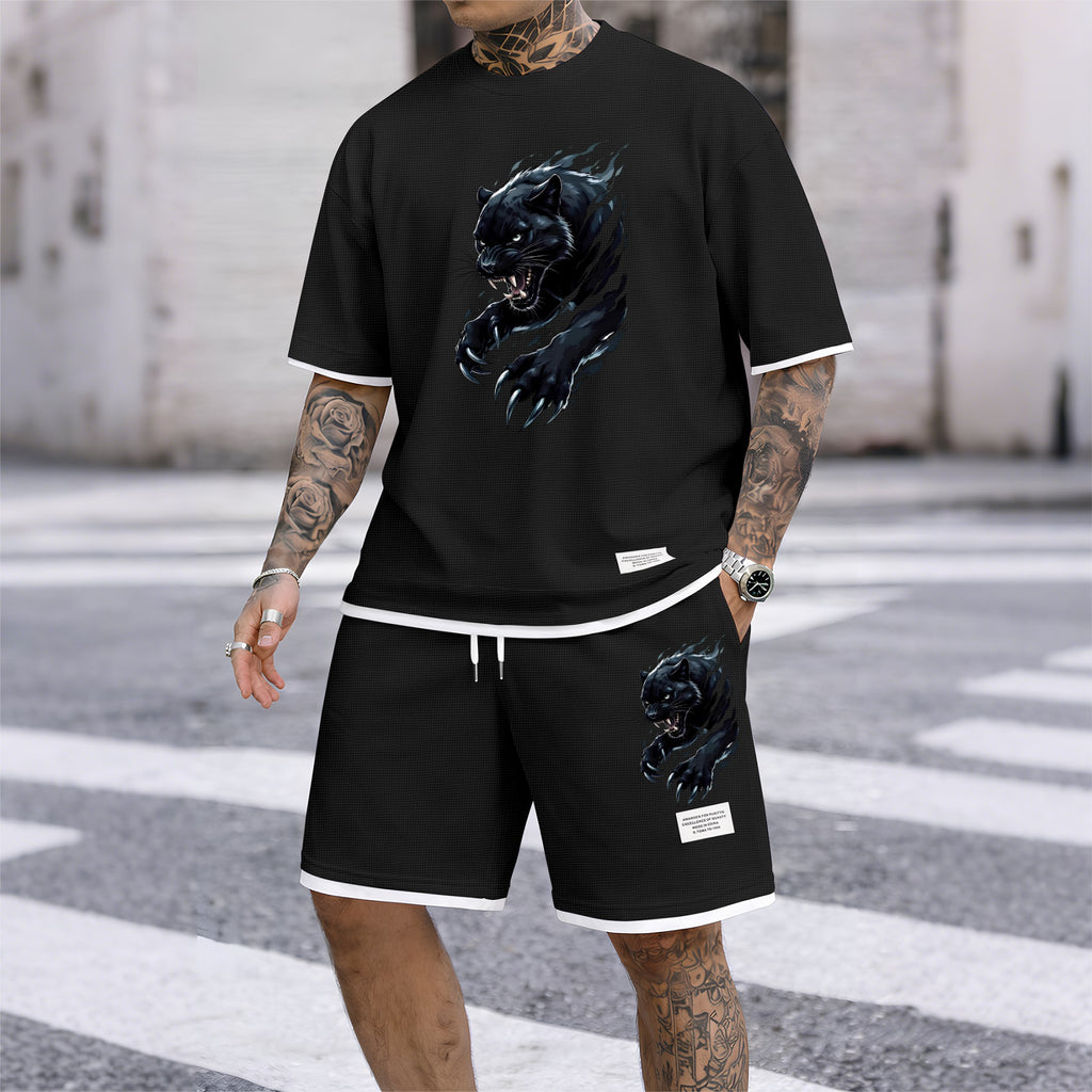Men's Black Panther Graphic Print Waffle Short Sleeve T-Shirt & Shorts Set, Summer Lightweight Sporty Casual Two-Piece Outfit, Streetwear for Gym & Daily Wear