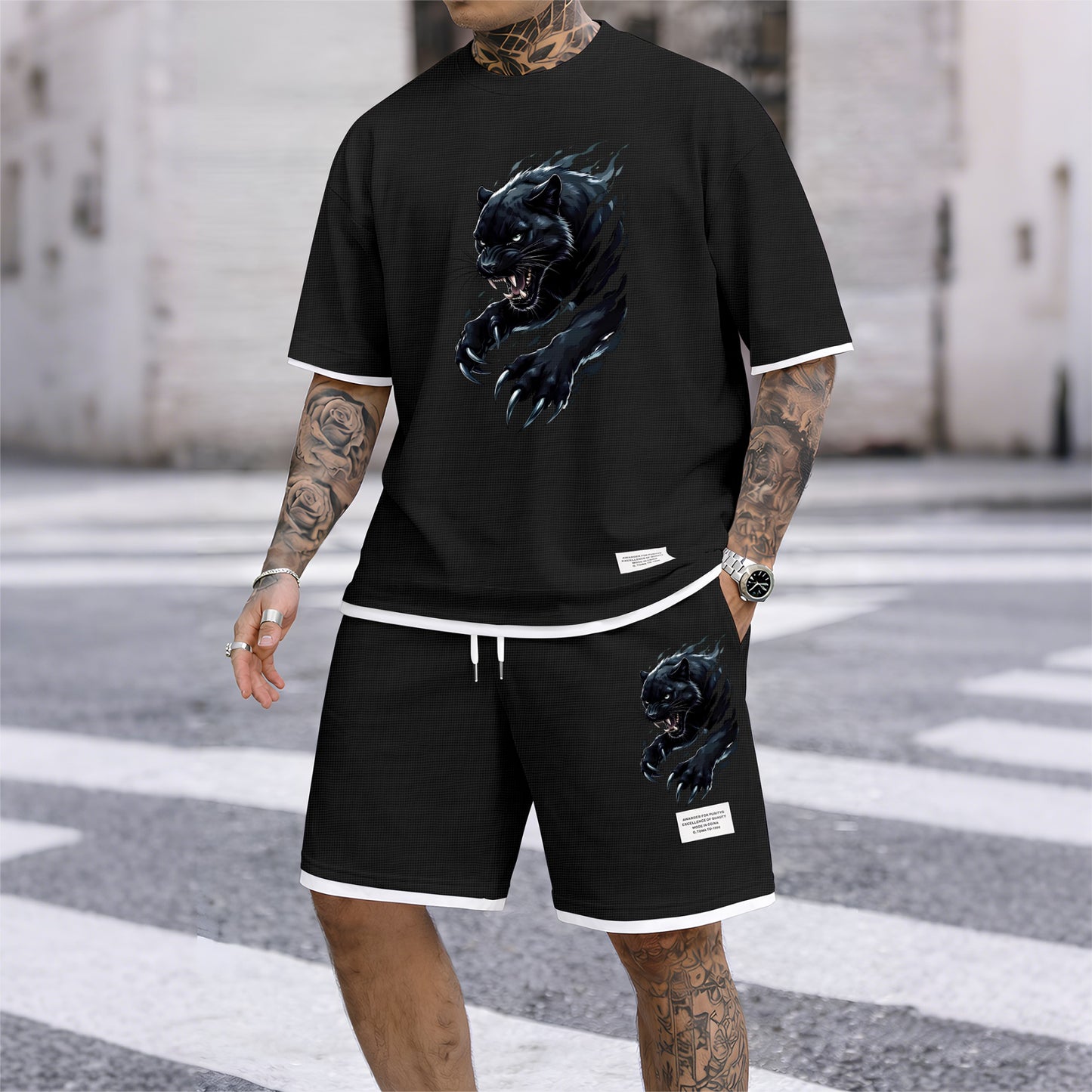 Men's Black Panther Graphic Print Waffle Short Sleeve T-Shirt & Shorts Set, Summer Lightweight Sporty Casual Two-Piece Outfit, Streetwear for Gym & Daily Wear