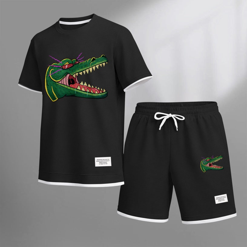 Men's Cartoon Crocodile Head Print Waffle Fabric Short-Sleeved Shirt And Shorts Set