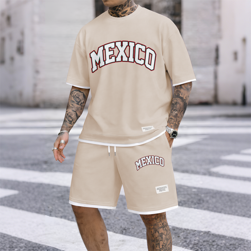 Men's Casual Style MEXICO Print Waffle Fabric Short-Sleeved Shirt And Shorts Set