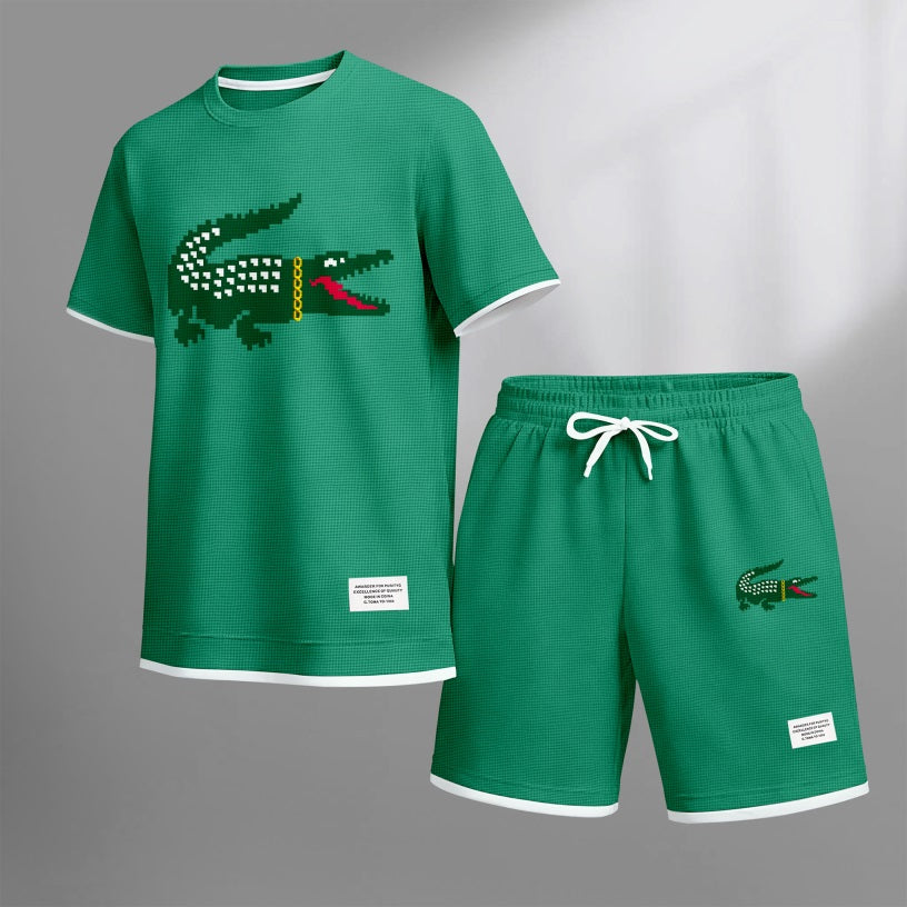 Men's Hip-Hop Crocodile Print Waffle Fabric Short-Sleeved Shirt And Shorts Set 02