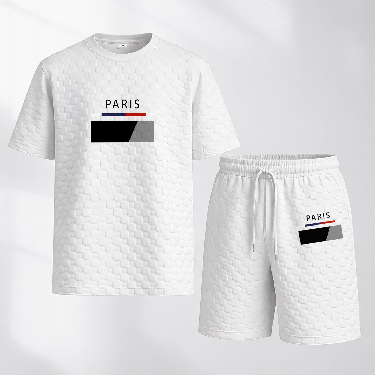 Men's Spring and Summer Paris Letter Print Checkered Fabric Drawstring Shorts Set, Casual Summer Outfit with Short-Sleeved Shirt and Shorts, Ideal for Everyday Wear and Sports Activities