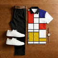Men's Casual White Geometry Printed Polo Shirt And Trousers Two-Piece Set
