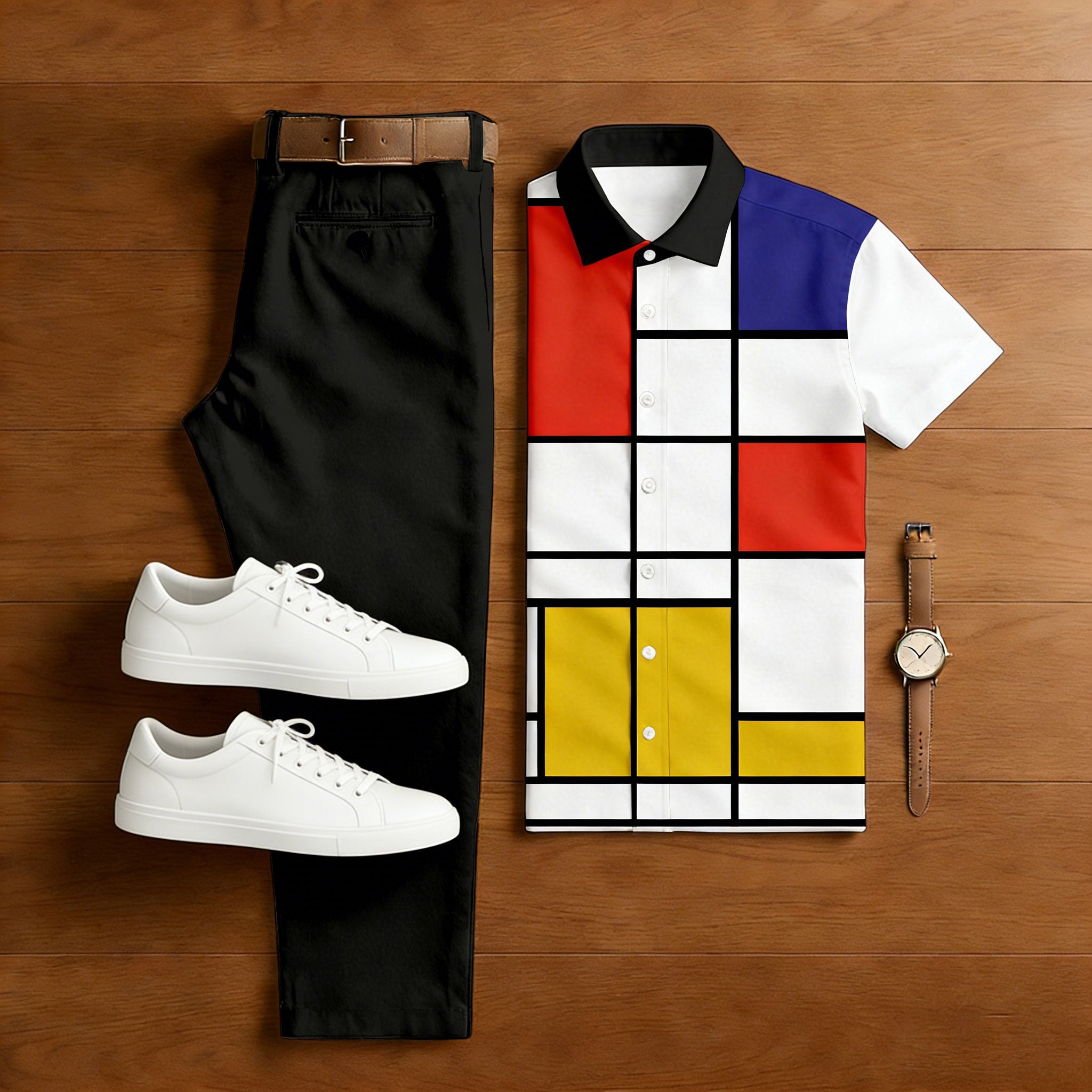 Men's Casual White Geometry Printed Polo Shirt And Trousers Two-Piece Set